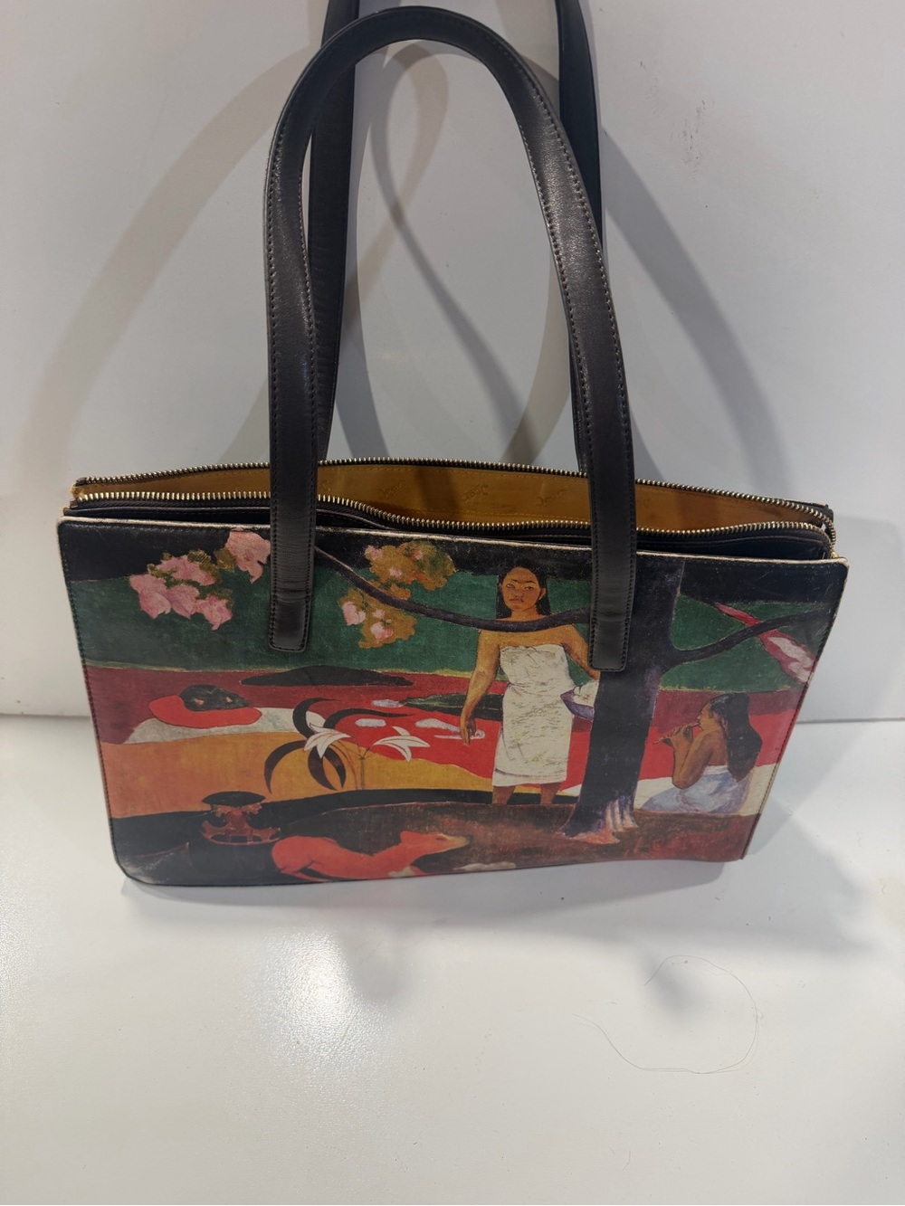 ICON Black Leather-Handled Tote with Multicolor Painted Scene
